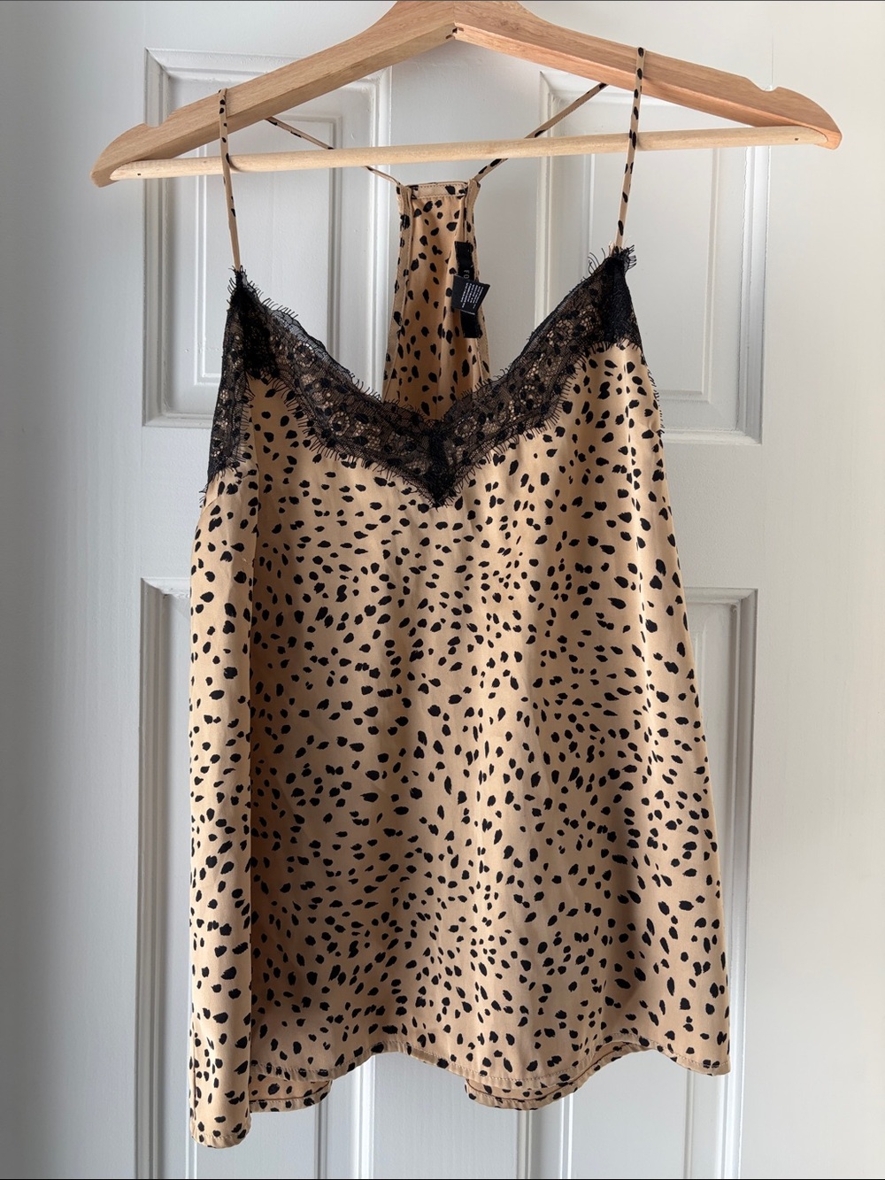 Forever 21 Beige Leopard Satin Cami with Black Lace Trim